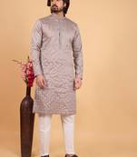Grey art silk straight kurta for men