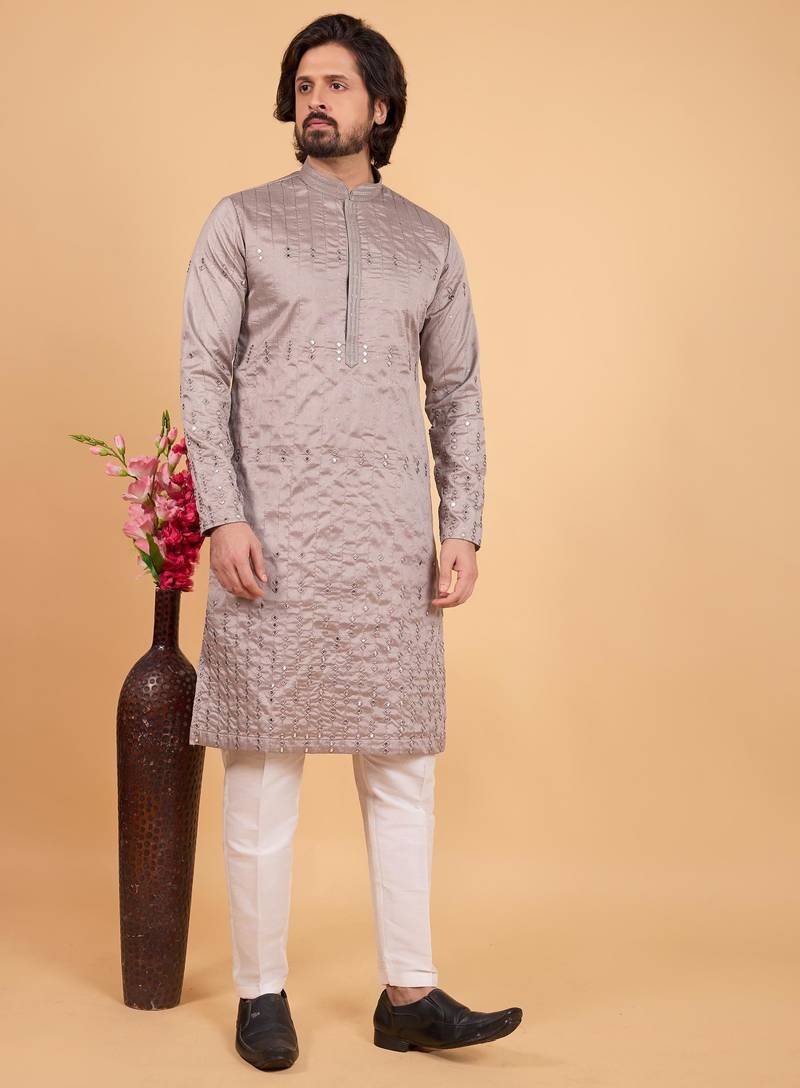 Grey art silk straight kurta for men