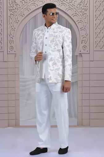 white art silk 3 piece bandhgala only