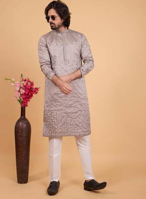 grey art silk straight kurta pajama for men 2