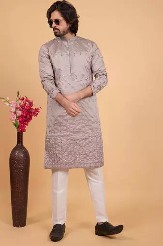 grey art silk straight kurta pajama for men