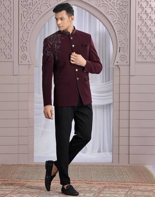 wine plain fabric with hand work bandhgala only 1