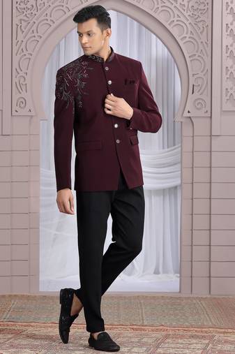 Wine plain fabric with hand work bandhgala only