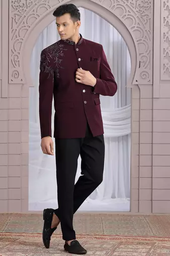 Wine plain fabric with hand work bandhgala only