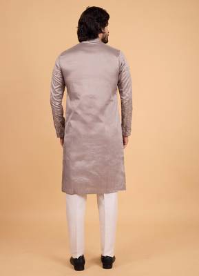 grey art silk straight kurta pajama for men 3