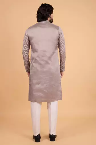 grey art silk straight kurta pajama for men