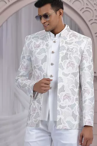 white art silk 3 piece bandhgala only