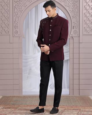 wine plain fabric with hand work bandhgala only 2