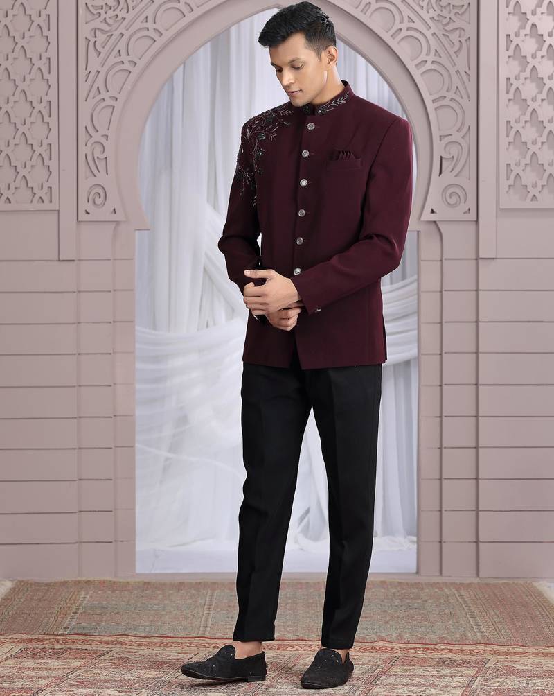 Wine plain fabric with hand work bandhgala only