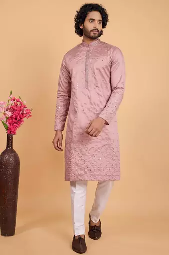 Onion pink art silk straight kurta for men