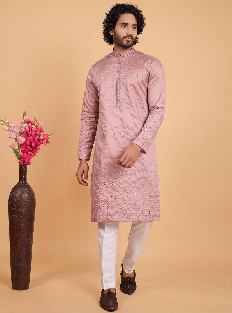 Onion pink art silk straight kurta for men