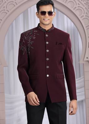 wine plain fabric with hand work bandhgala only 3