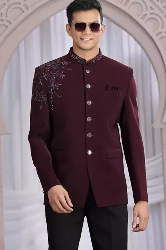 wine plain fabric with hand work bandhgala only
