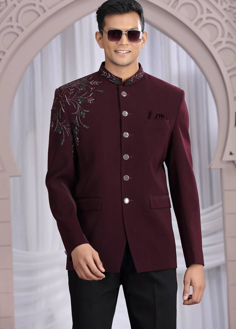 Wine plain fabric with hand work bandhgala only