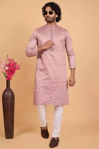 onion pink art silk straight kurta pajama for men