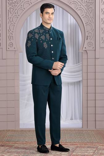 Dark green plain fabric with hand work bandhgala only