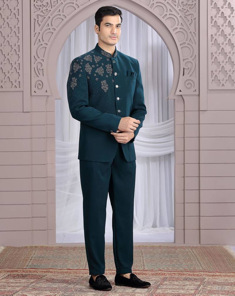 Dark green plain fabric with hand work bandhgala only