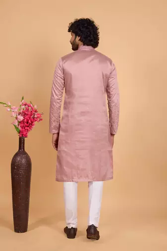 onion pink art silk straight kurta pajama for men