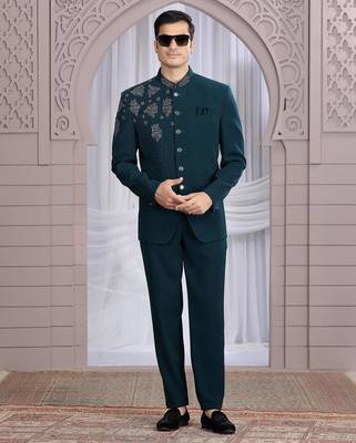 dark green plain fabric with hand work bandhgala only 2