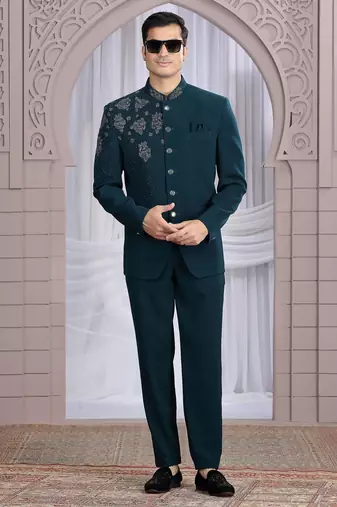 dark green plain fabric with hand work bandhgala only