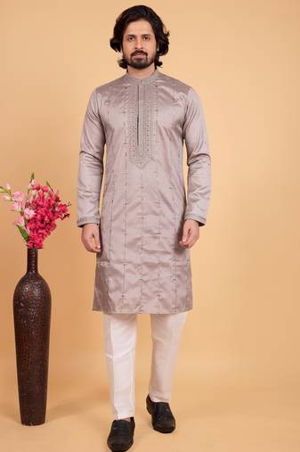 Grey art silk straight kurta for men