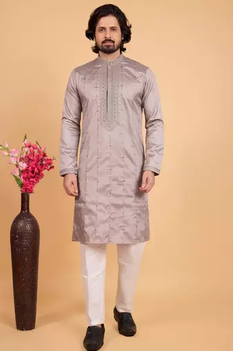 Grey art silk straight kurta for men