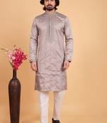 Grey art silk straight kurta for men