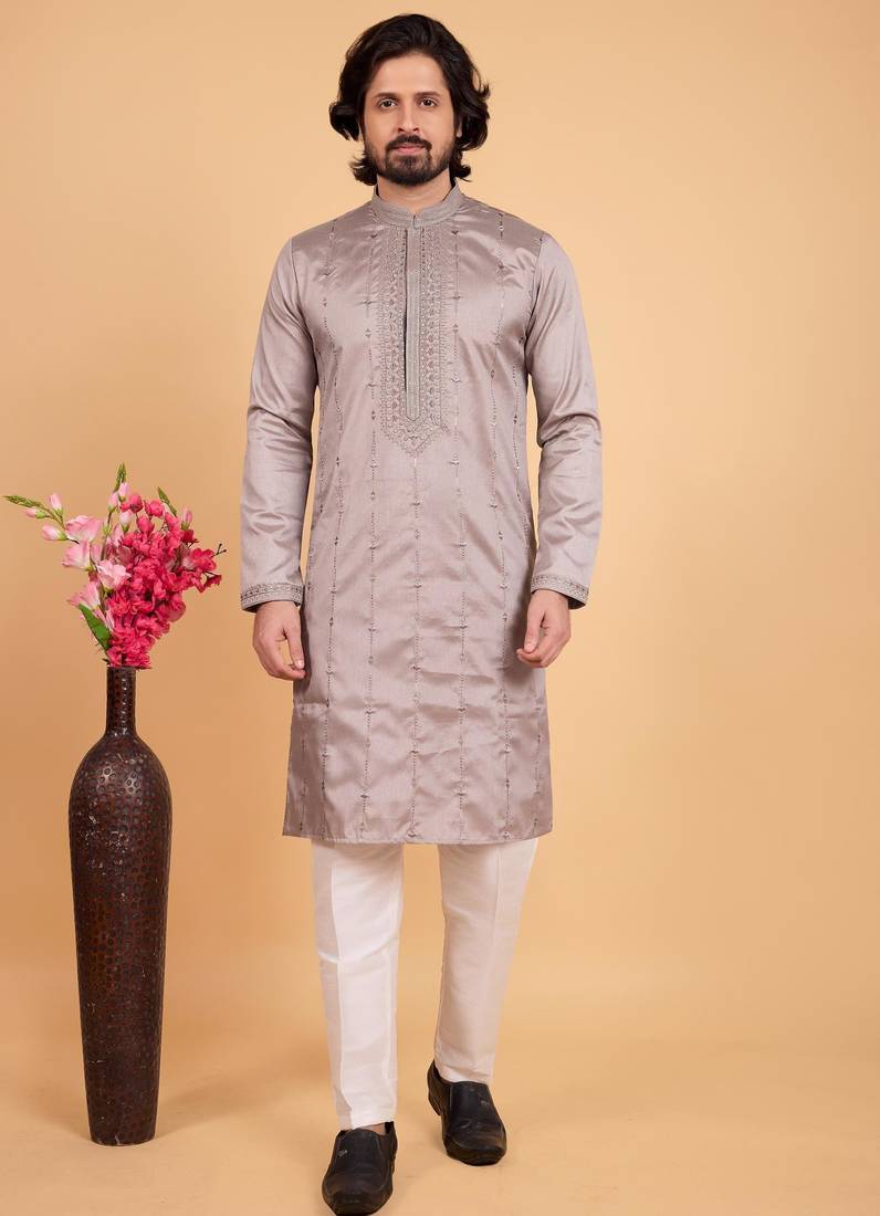 Grey art silk straight kurta for men