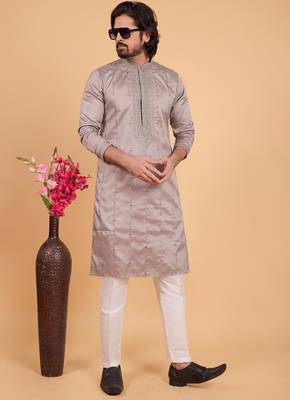 grey art silk straight kurta pajama for men 2