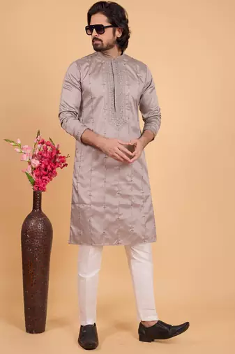 grey art silk straight kurta pajama for men