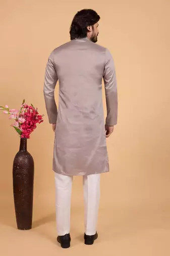 grey art silk straight kurta pajama for men