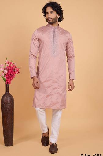 Onion pink art silk straight kurta for men