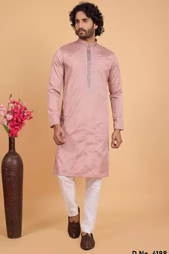 Onion pink art silk straight kurta for men