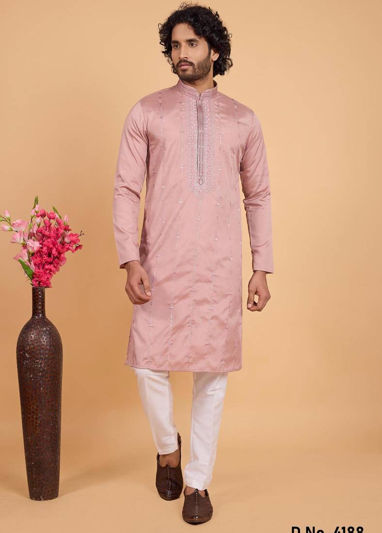 Onion pink art silk straight kurta for men