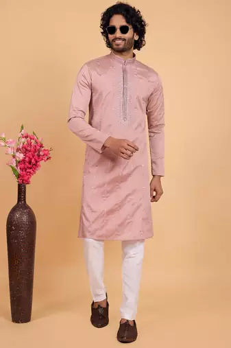onion pink art silk straight kurta pajama for men