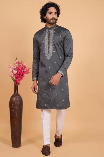 Dark grey art silk straight kurta for men