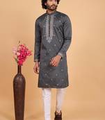 Dark grey art silk straight kurta for men