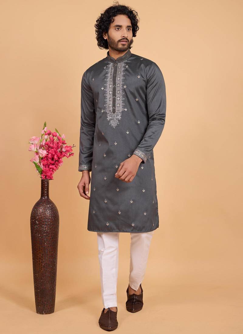 Dark grey art silk straight kurta for men
