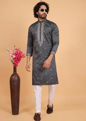dark grey art silk straight kurta pajama for men 2