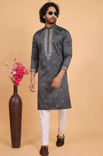 dark grey art silk straight kurta pajama for men