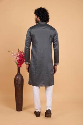 dark grey art silk straight kurta pajama for men 3