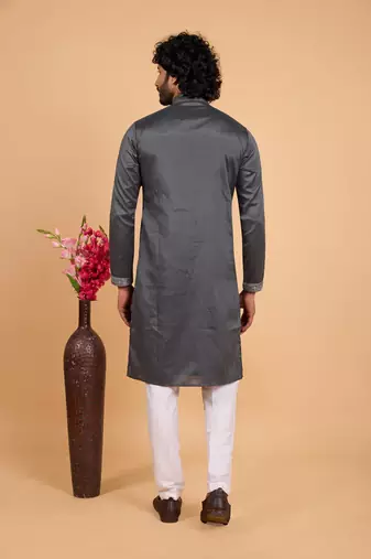 dark grey art silk straight kurta pajama for men