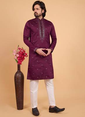dark purple art silk straight kurta pajama for men 1