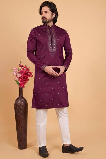 Dark purple art silk straight kurta for men