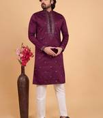 Dark purple art silk straight kurta for men