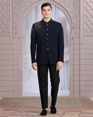 blue plain fabric with hand work bandhgala only 1