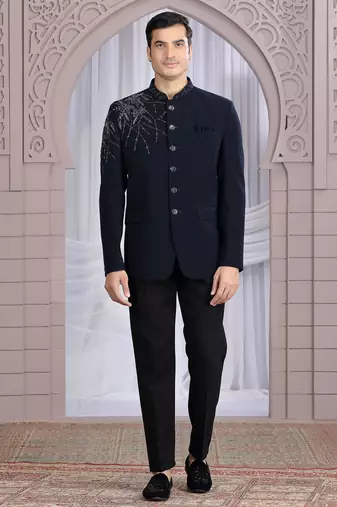 Blue plain fabric with hand work bandhgala only