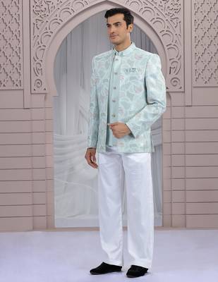 blue art silk 3 piece bandhgala only 1
