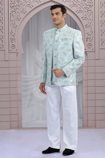 Blue art silk 3 piece bandhgala only