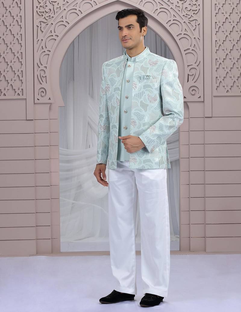 Blue art silk 3 piece bandhgala only